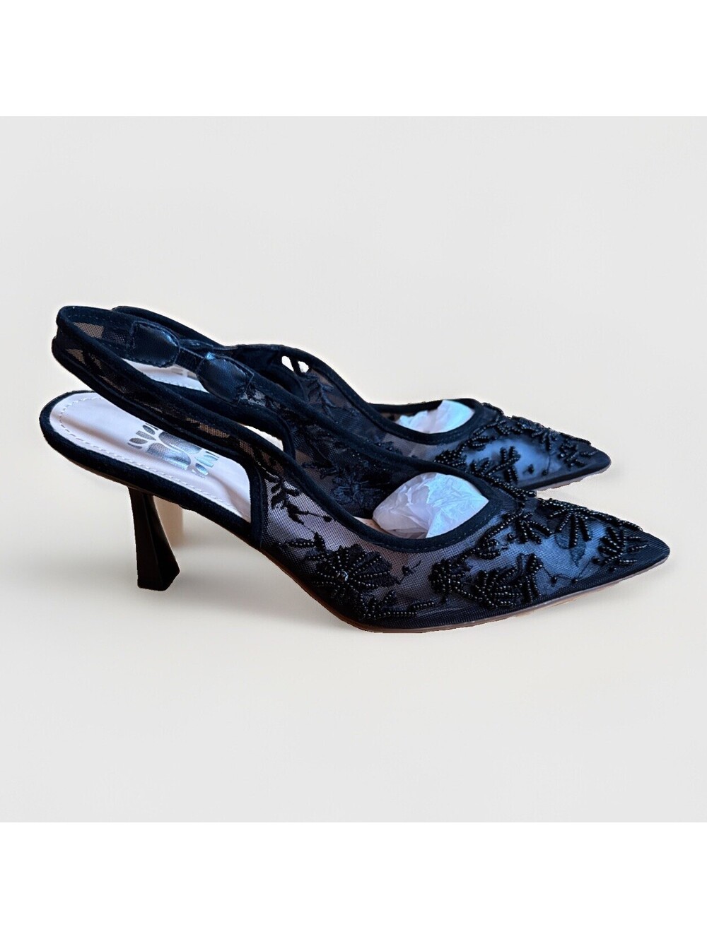 EUC Women's Black Mesh Beaded Embroidered Slingback Pump Heels Size 8